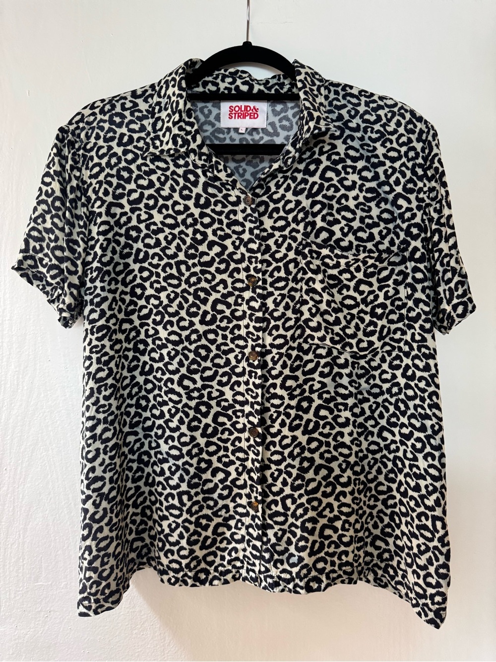 SOLID & STRIPED Black and Mint Green Leopard Print Short-Sleeve Button-Down Shir